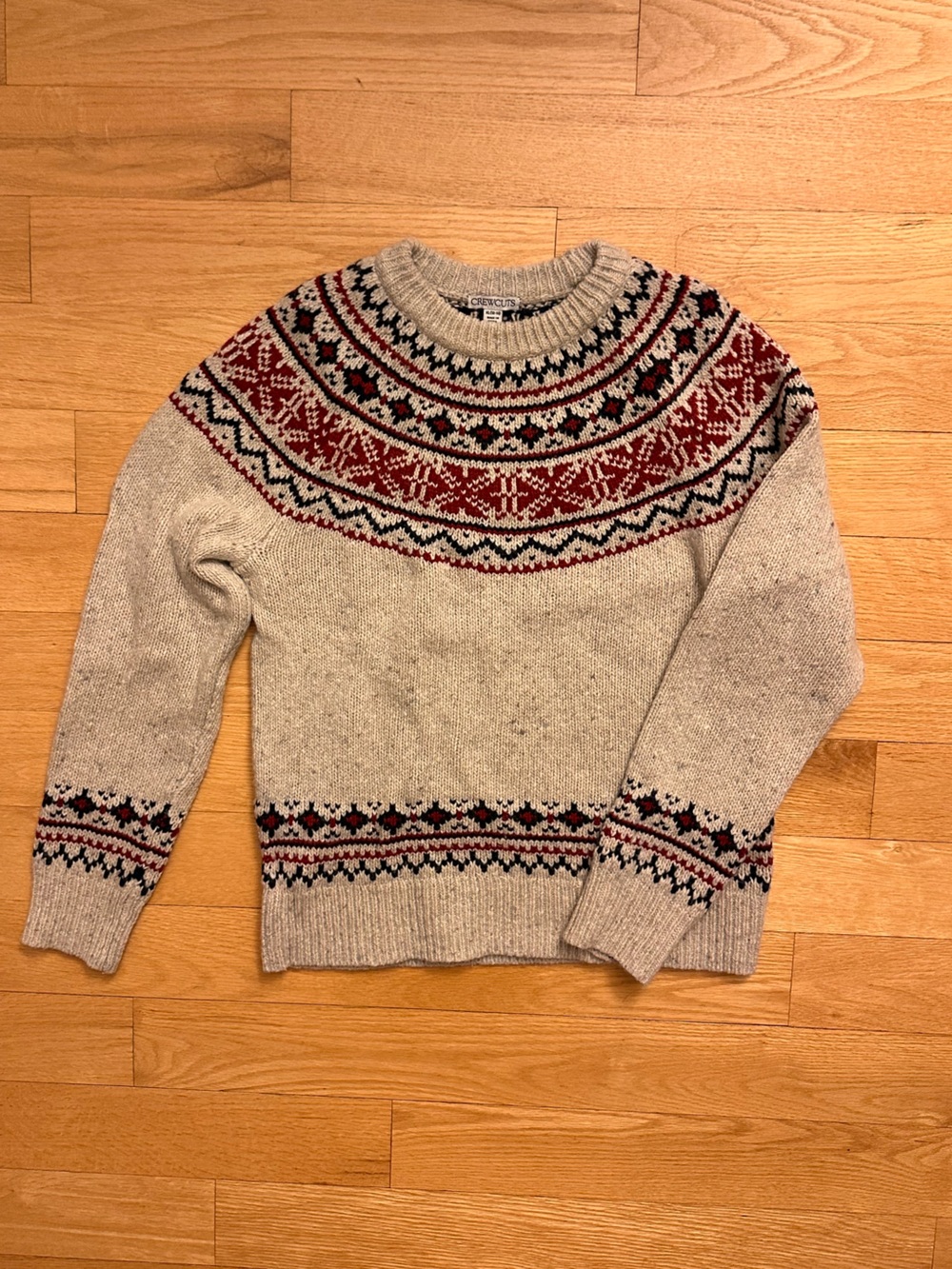 J. Crew Beige Fair Isle Crewneck Sweater with Red and Black Accents